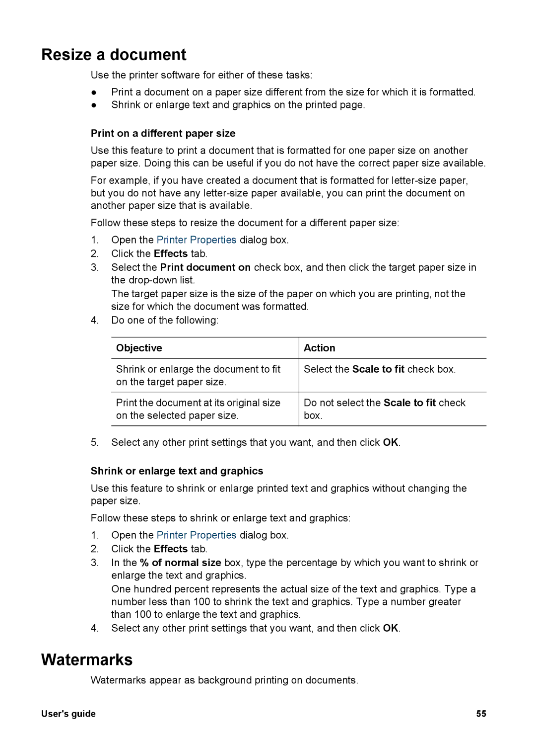 HP 5900 manual Resize a document, Watermarks, Print on a different paper size, Objective Action 