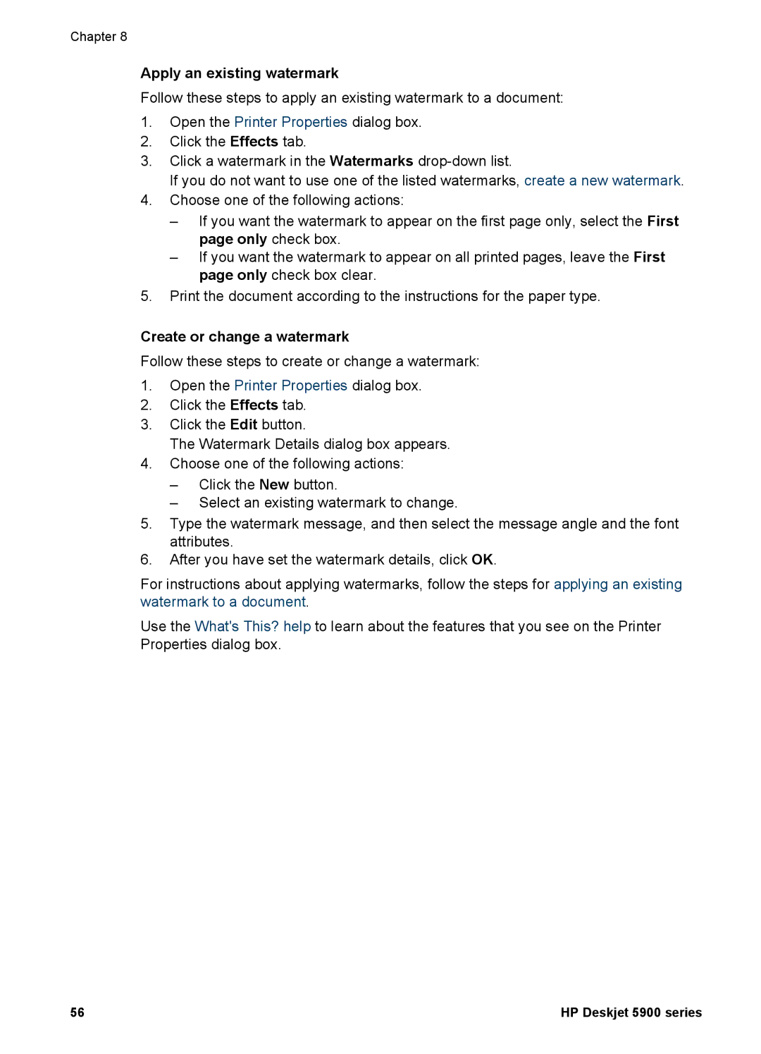 HP 5900 manual Apply an existing watermark, Create or change a watermark 