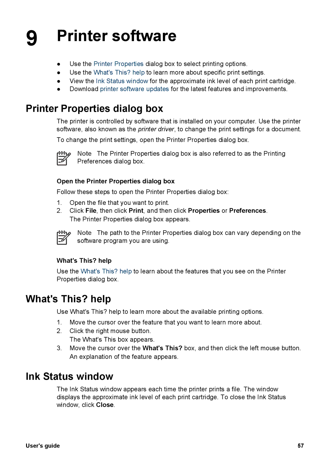 HP 5900 manual Printer software, Printer Properties dialog box, Whats This? help, Ink Status window 