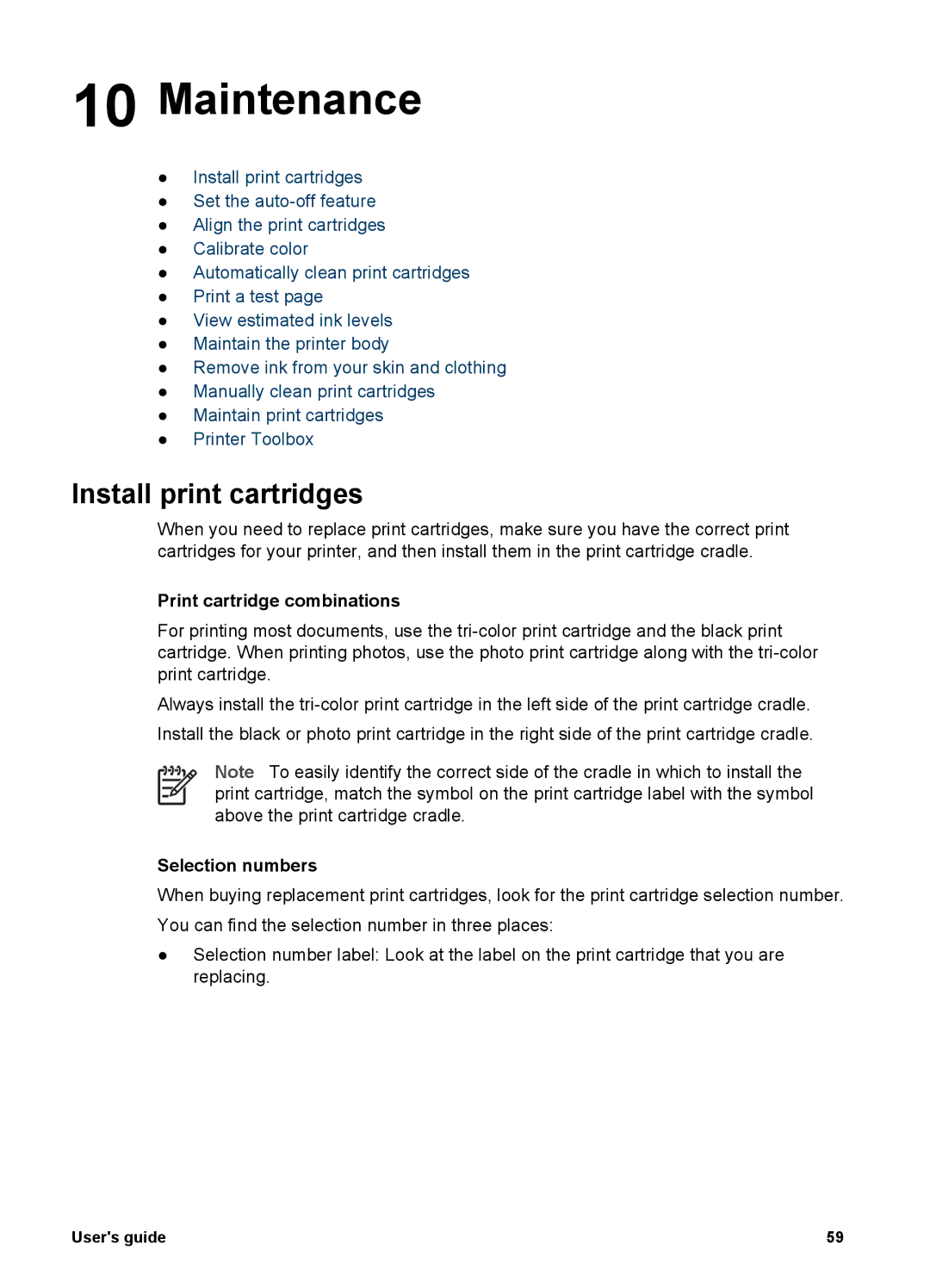 HP 5900 manual Maintenance, Install print cartridges, Print cartridge combinations, Selection numbers 