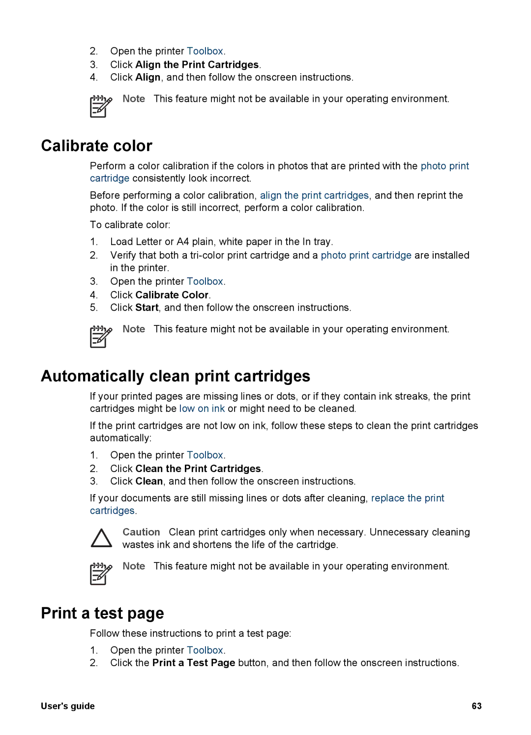 HP 5900 manual Calibrate color, Automatically clean print cartridges, Print a test 