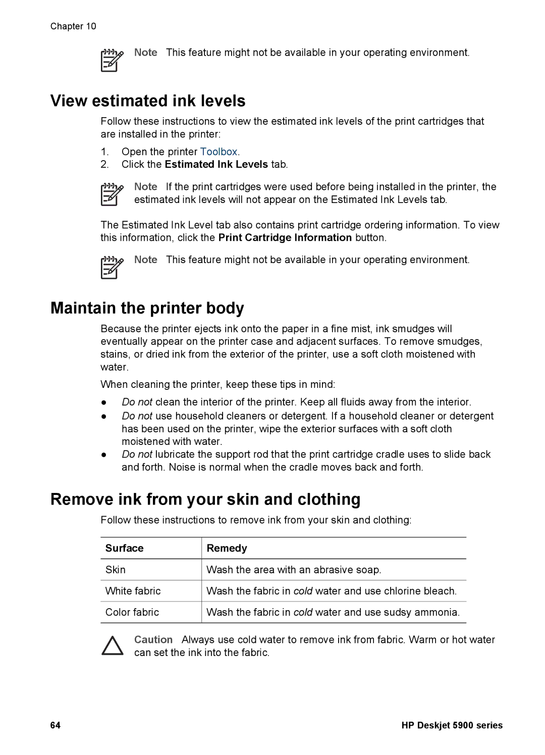 HP 5900 manual View estimated ink levels, Maintain the printer body, Remove ink from your skin and clothing, Surface Remedy 