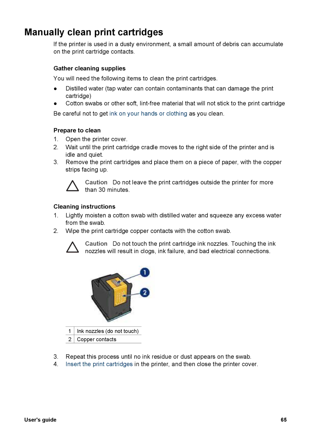 HP 5900 manual Manually clean print cartridges, Gather cleaning supplies, Prepare to clean, Cleaning instructions 