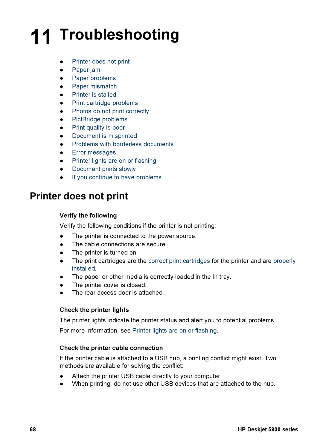 HP 5900 manual Troubleshooting, Printer does not print, Verify the following, Check the printer lights 