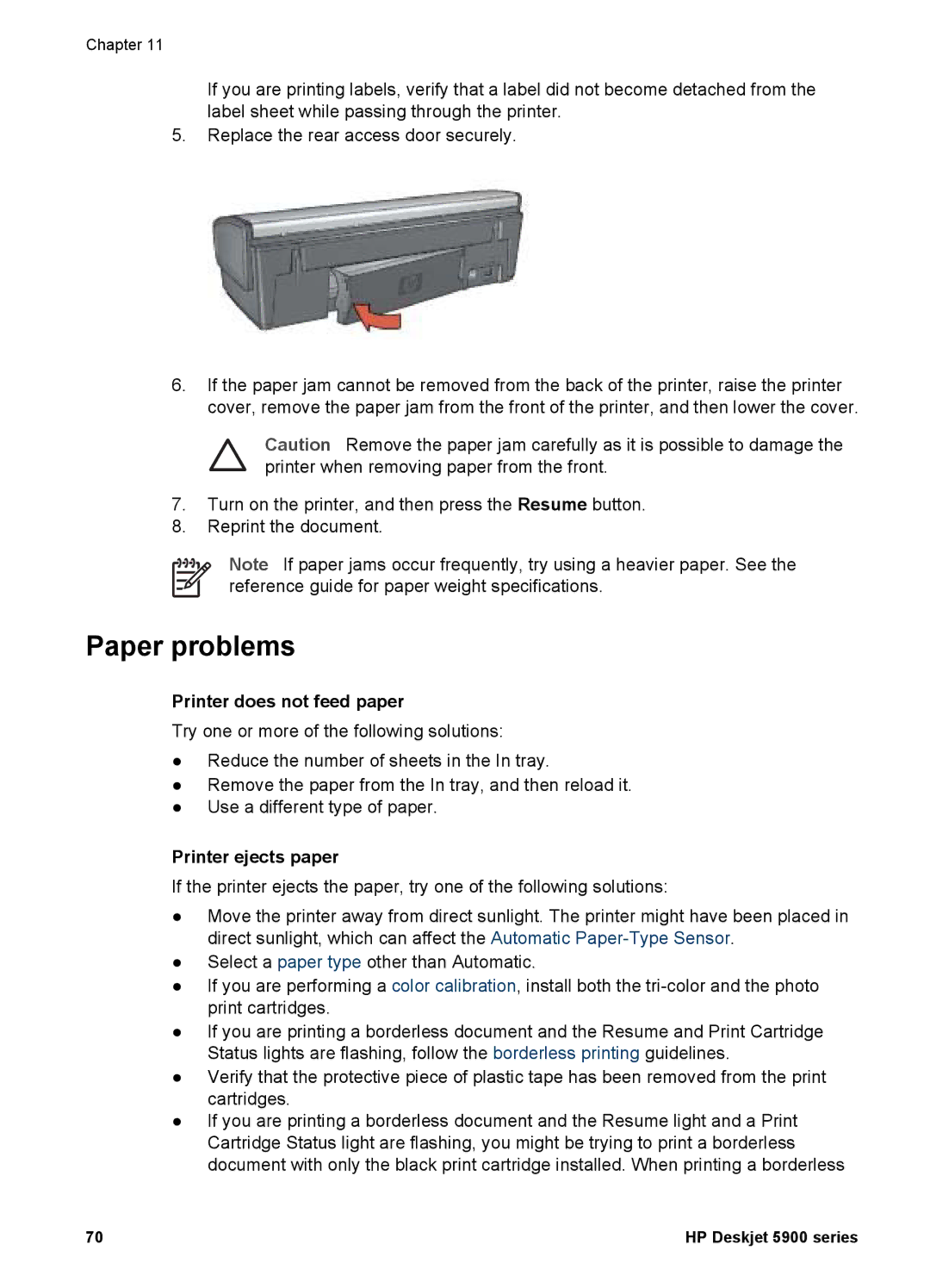 HP 5900 manual Paper problems, Printer does not feed paper, Printer ejects paper 