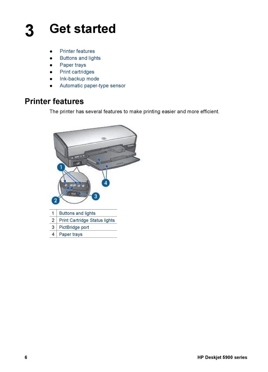 HP 5900 manual Get started, Printer features 