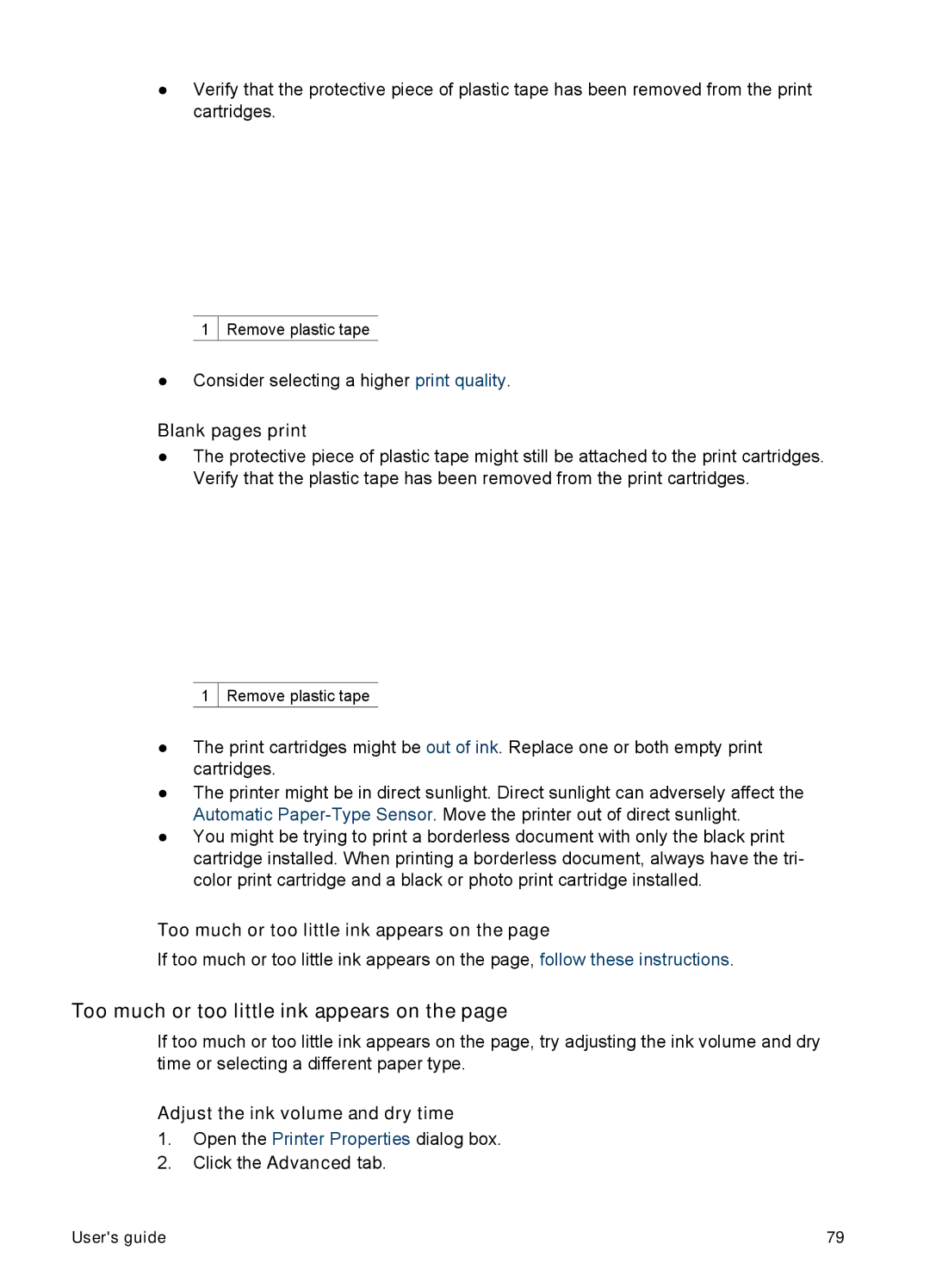 HP 5900 manual Blank pages print, Too much or too little ink appears on, Adjust the ink volume and dry time 