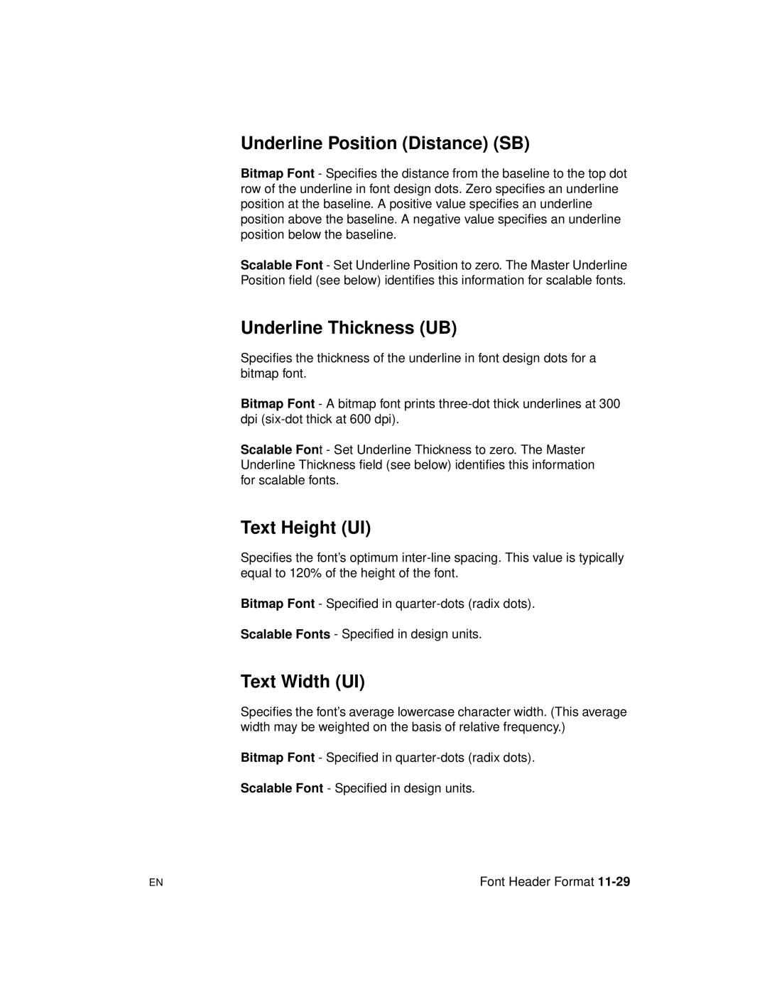 HP 5961-0509 manual Underline Position Distance SB, Underline Thickness UB, Text Height UI, Text Width UI 