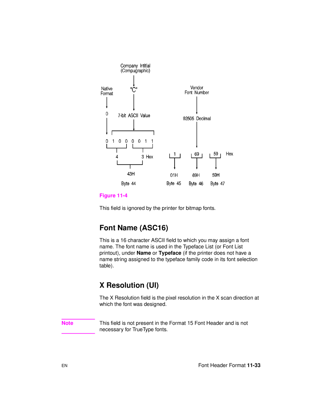 HP 5961-0509 manual Font Name ASC16, Resolution UI, This field is ignored by the printer for bitmap fonts 