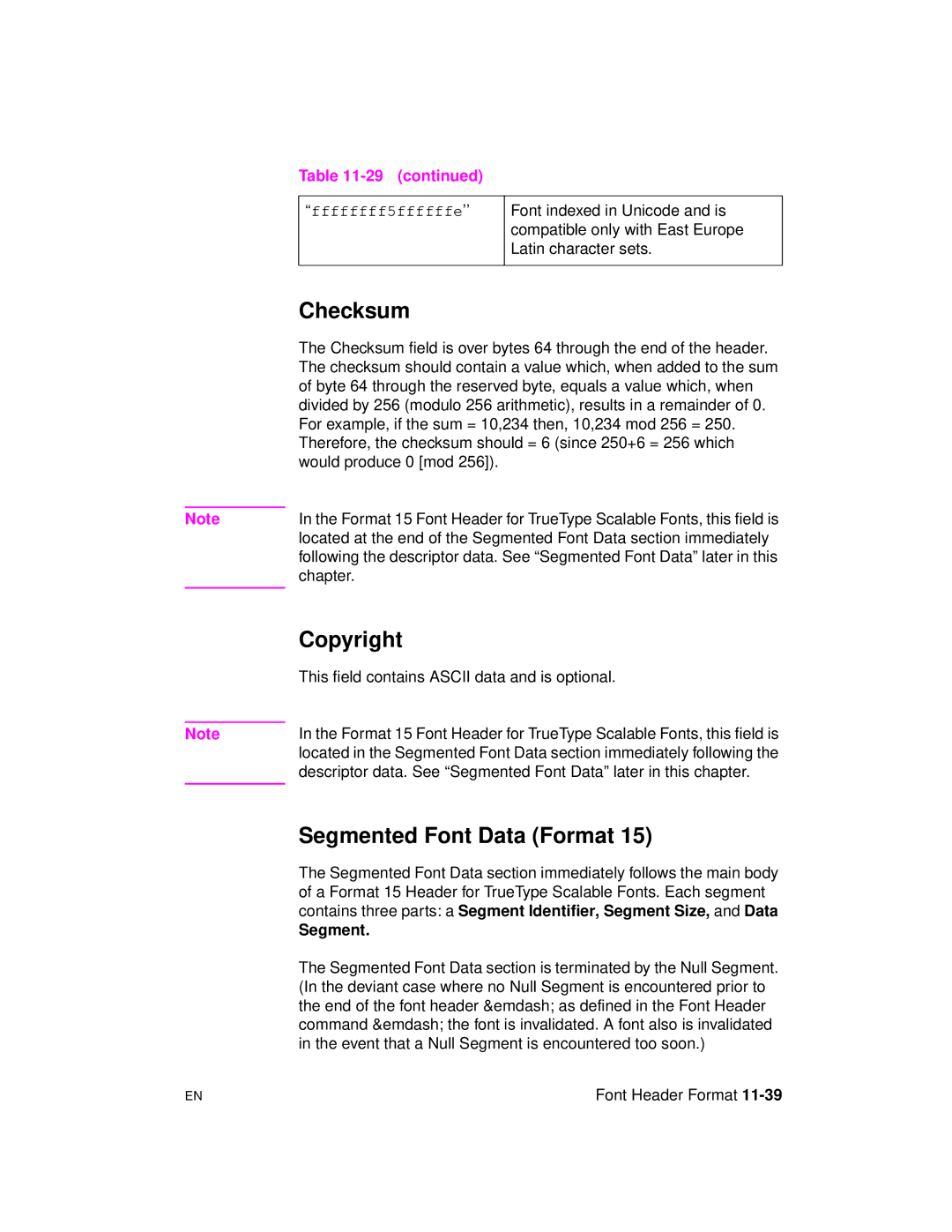 HP 5961-0509 manual Checksum, Copyright, Segmented Font Data Format 