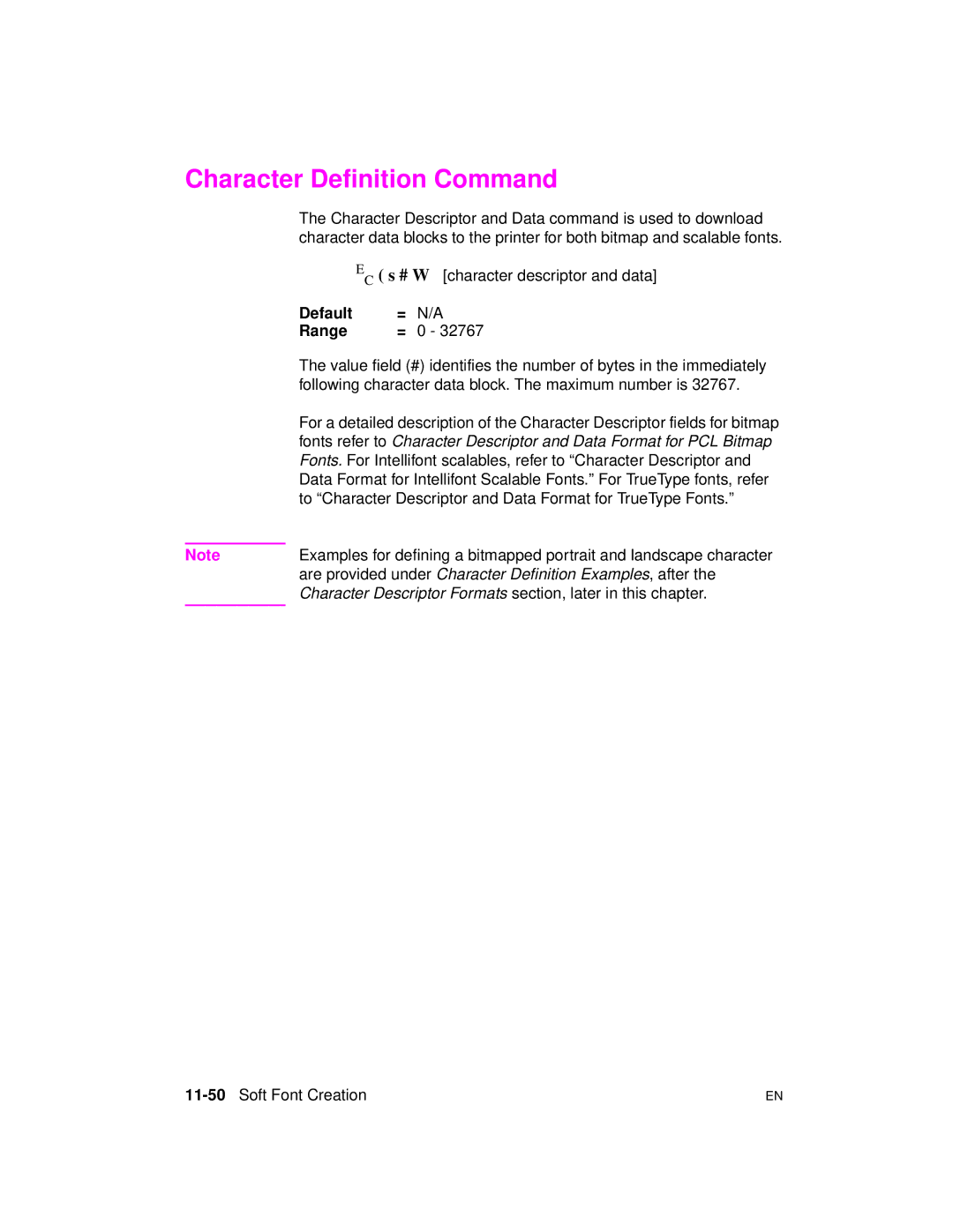 HP 5961-0509 manual Character Definition Command, 11-50Soft Font Creation 