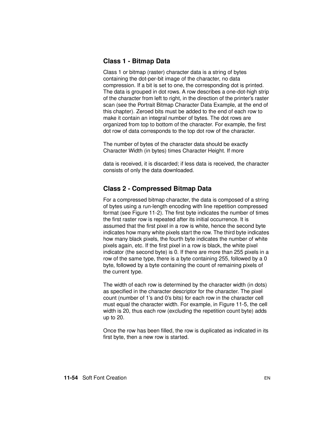 HP 5961-0509 manual Class 1 Bitmap Data, Class 2 Compressed Bitmap Data, 11-54Soft Font Creation 