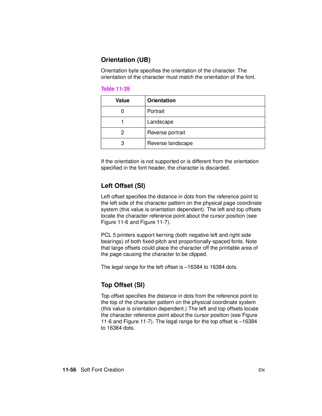 HP 5961-0509 manual Orientation UB, Left Offset SI, Top Offset SI, Portrait Landscape Reverse portrait Reverse landscape 