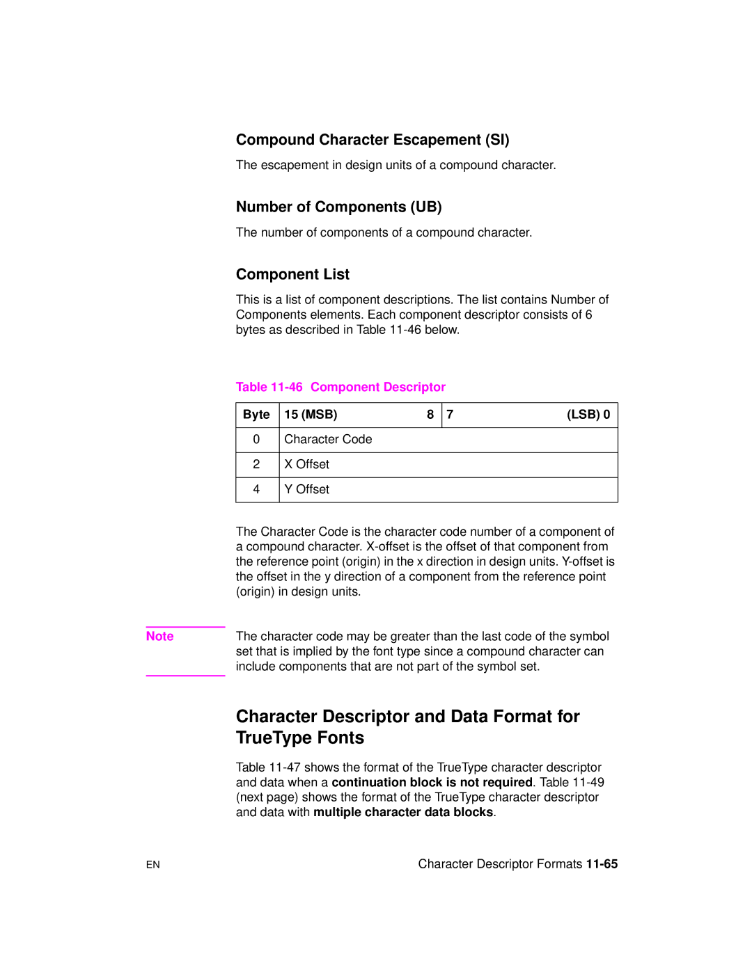 HP 5961-0509 Character Descriptor and Data Format for TrueType Fonts, Compound Character Escapement SI, Component List 