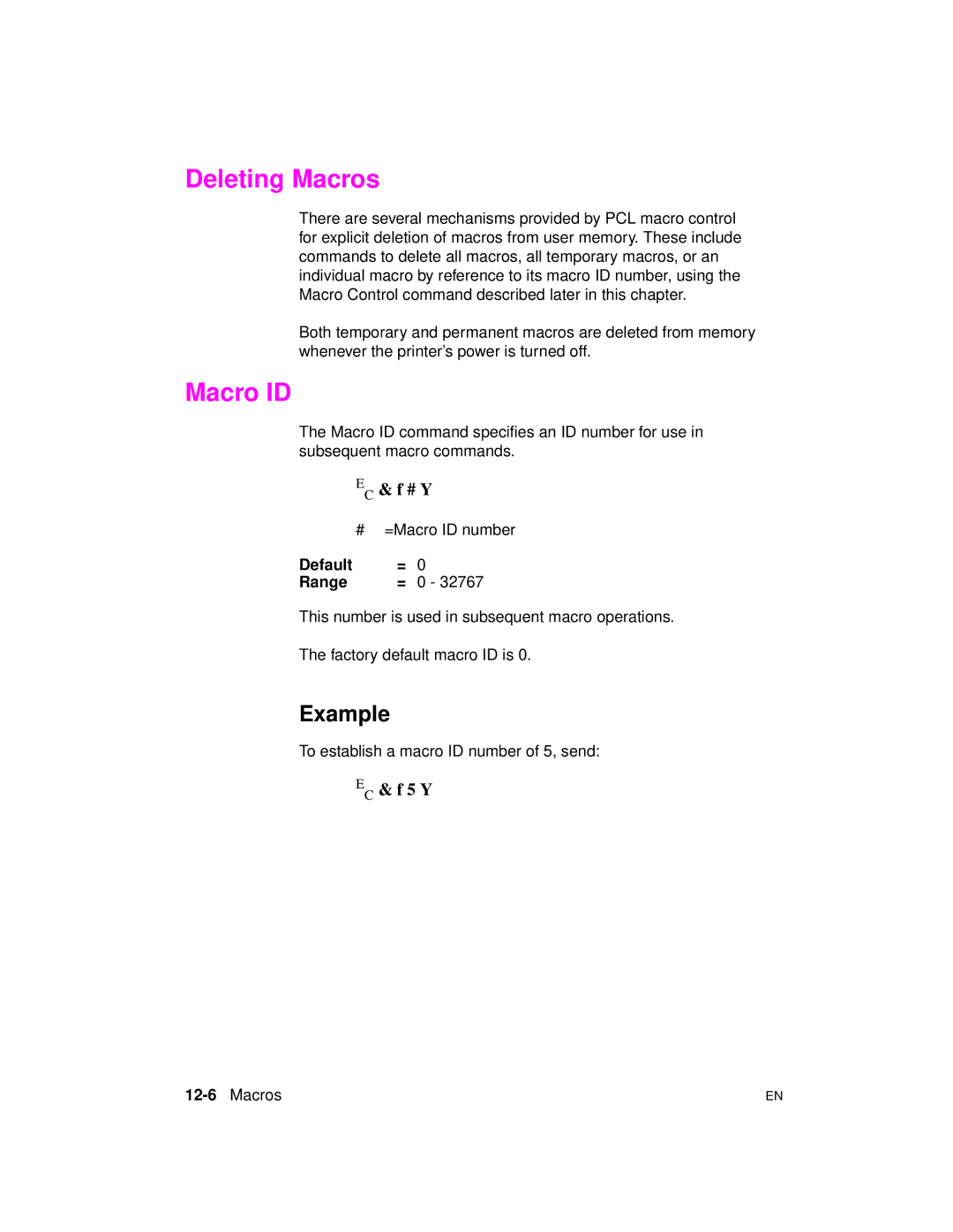 HP 5961-0509 manual Deleting Macros, # =Macro ID number, To establish a macro ID number of 5, send, 12-6Macros 