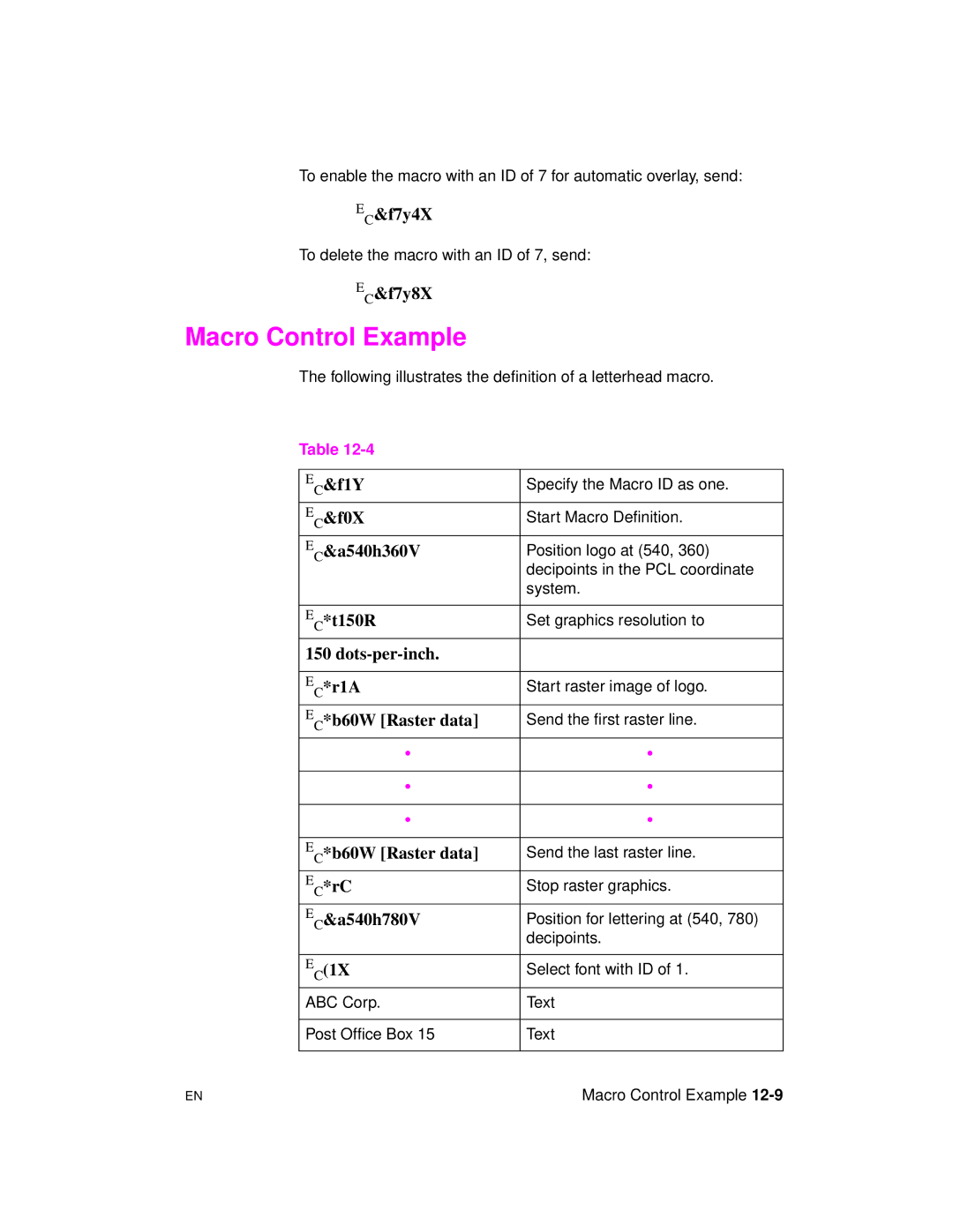 HP 5961-0509 manual Macro Control Example 