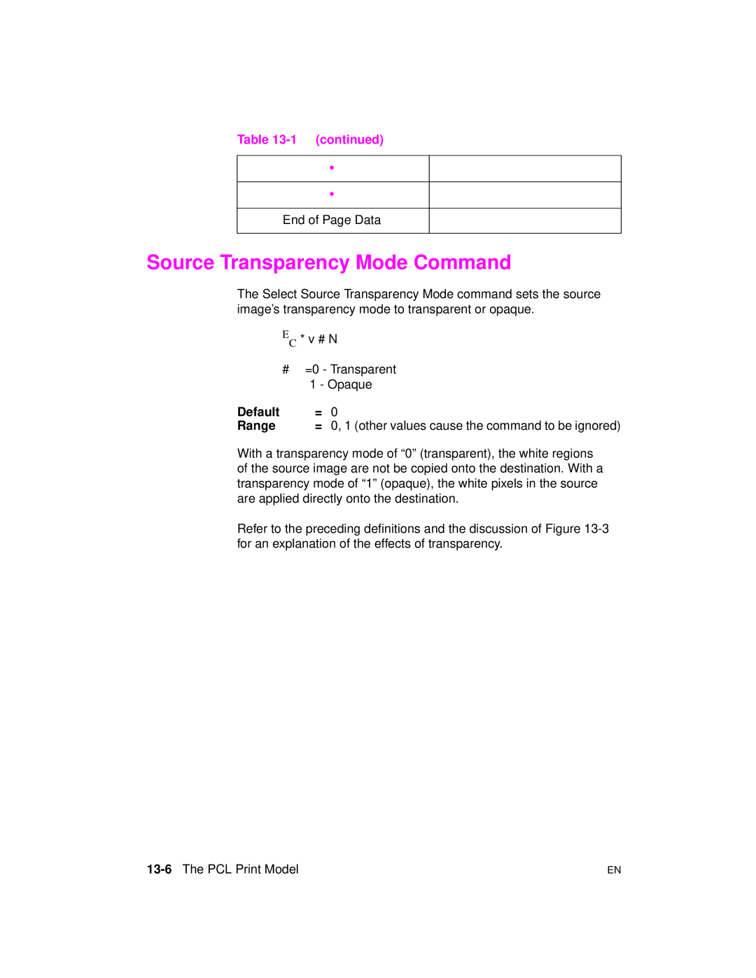 HP 5961-0509 manual Source Transparency Mode Command, End of Page Data, 13-6The PCL Print Model 