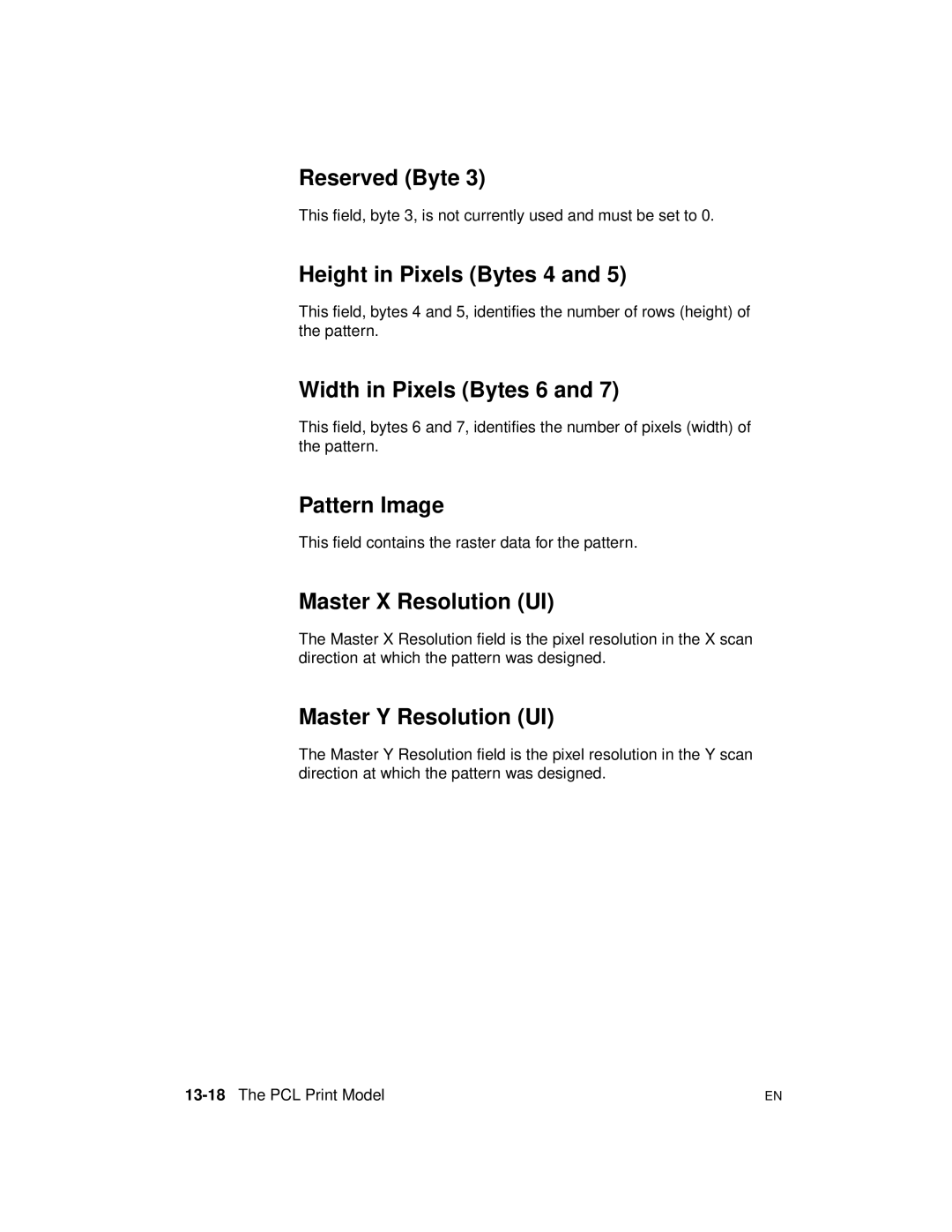 HP 5961-0509 manual Reserved Byte, Height in Pixels Bytes 4, Width in Pixels Bytes 6, Pattern Image, Master X Resolution UI 