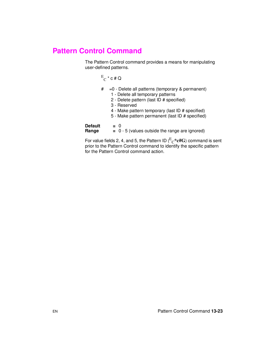 HP 5961-0509 manual Pattern Control Command, Default Range 