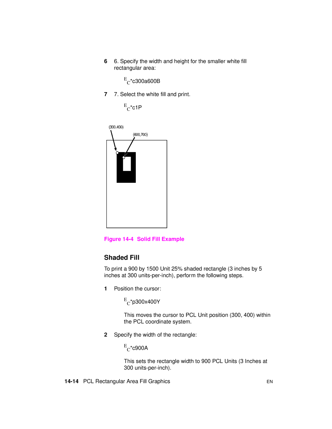 HP 5961-0509 manual Shaded Fill, 14-14PCL Rectangular Area Fill Graphics 