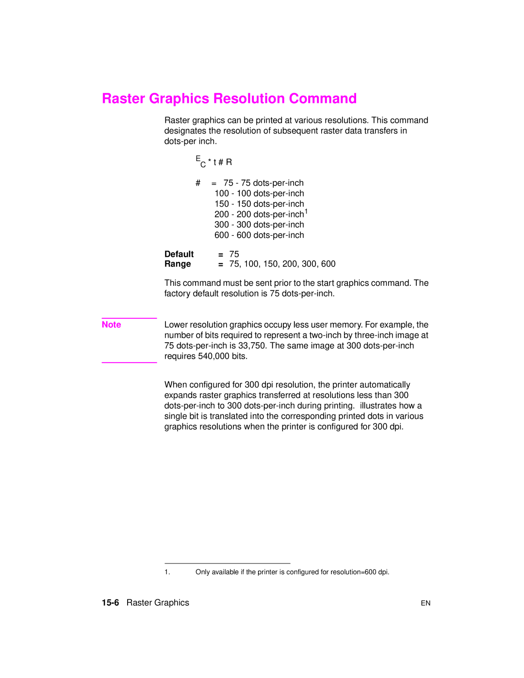 HP 5961-0509 manual Raster Graphics Resolution Command, Requires 540,000 bits, 15-6Raster Graphics 