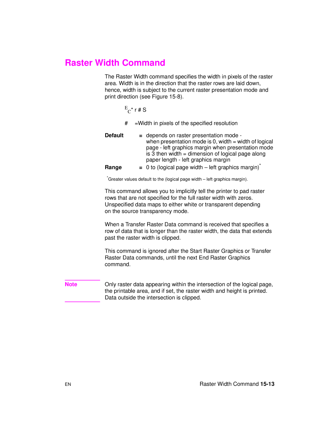 HP 5961-0509 manual Raster Width Command 