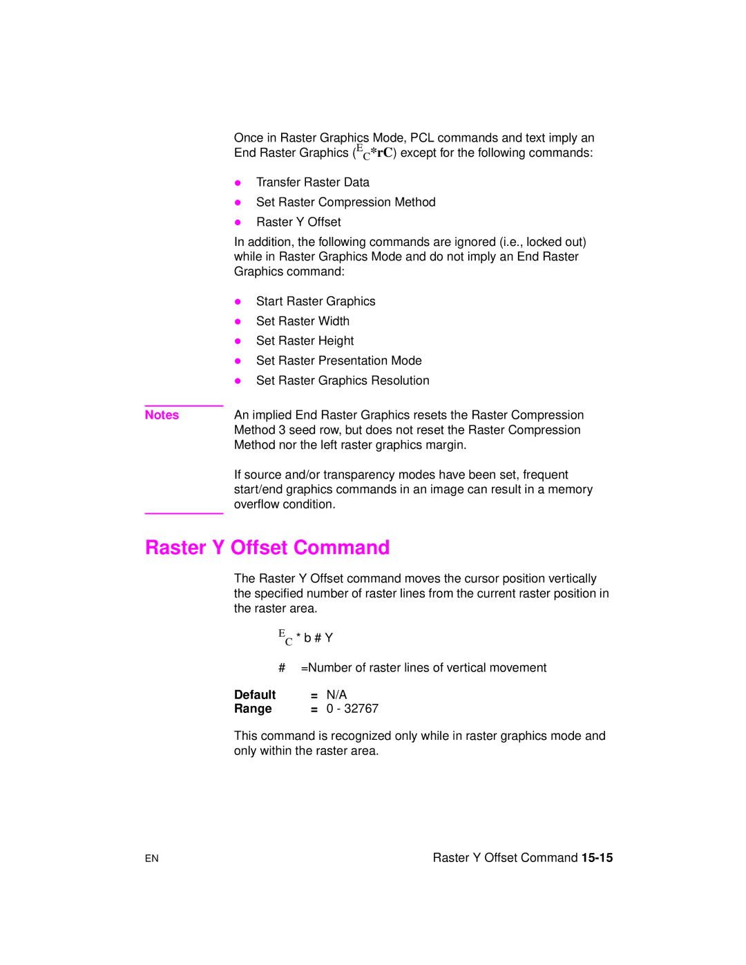 HP 5961-0509 manual Raster Y Offset Command, Method nor the left raster graphics margin 