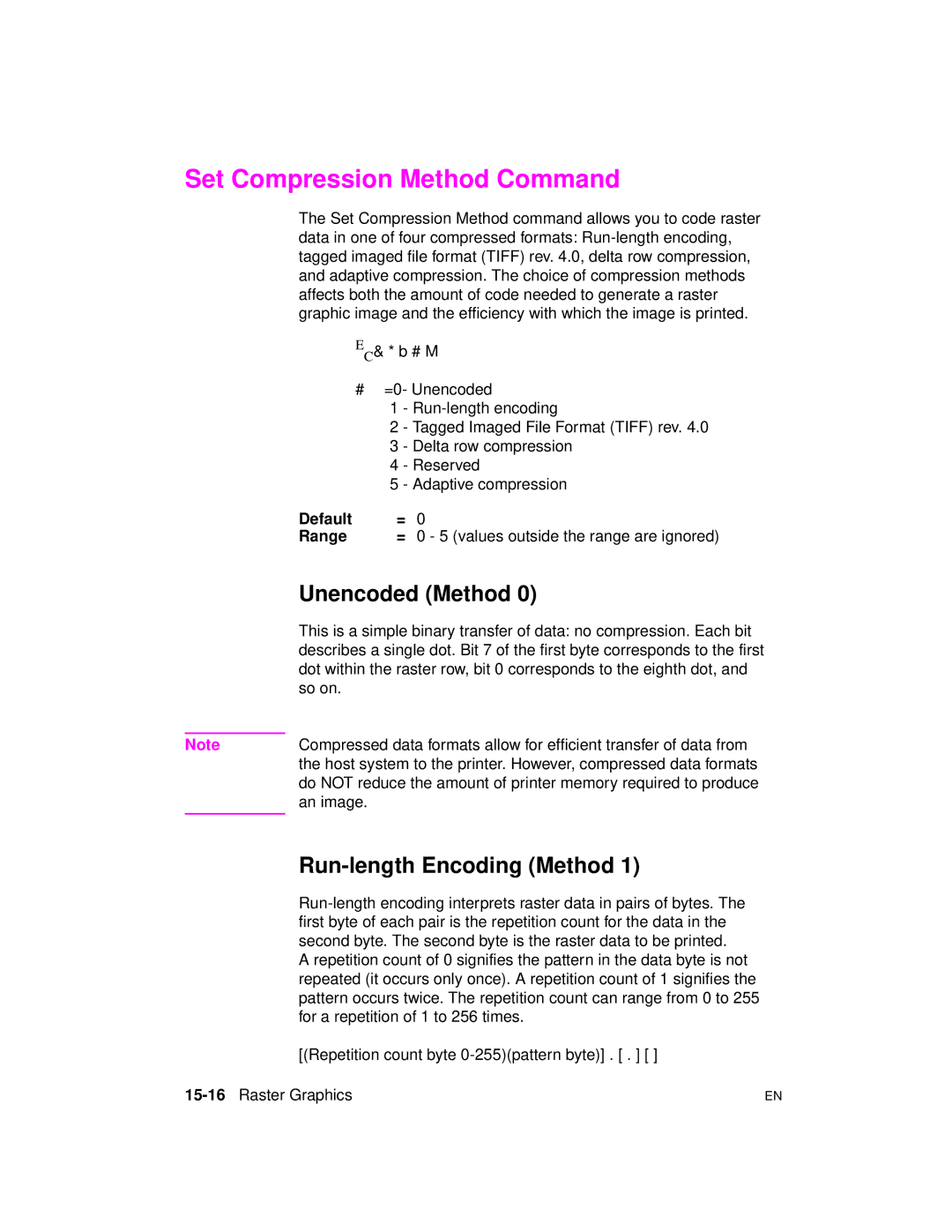 HP 5961-0509 manual Set Compression Method Command, Unencoded Method, Run-length Encoding Method, 15-16Raster Graphics 