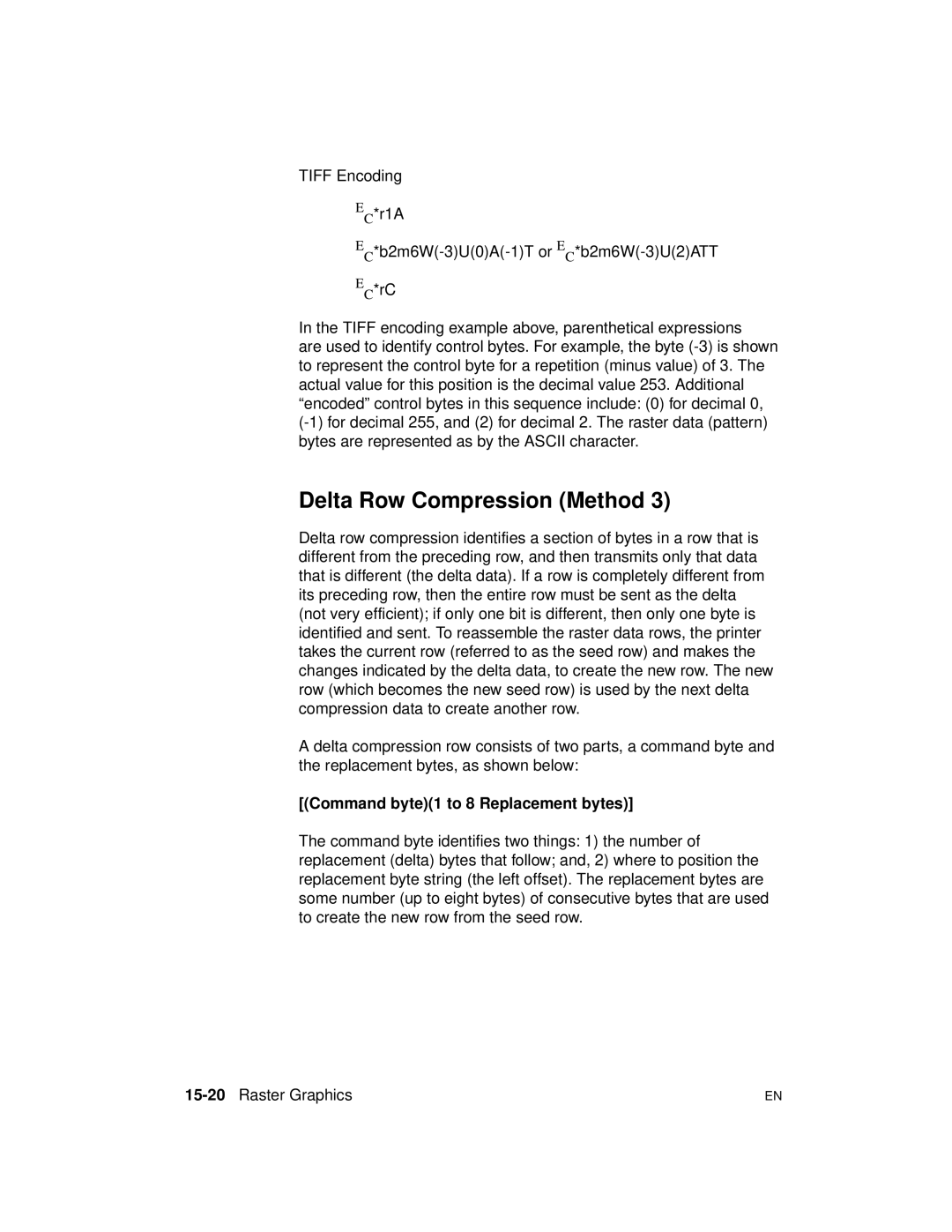 HP 5961-0509 manual Delta Row Compression Method, Command byte1 to 8 Replacement bytes, 15-20Raster Graphics 