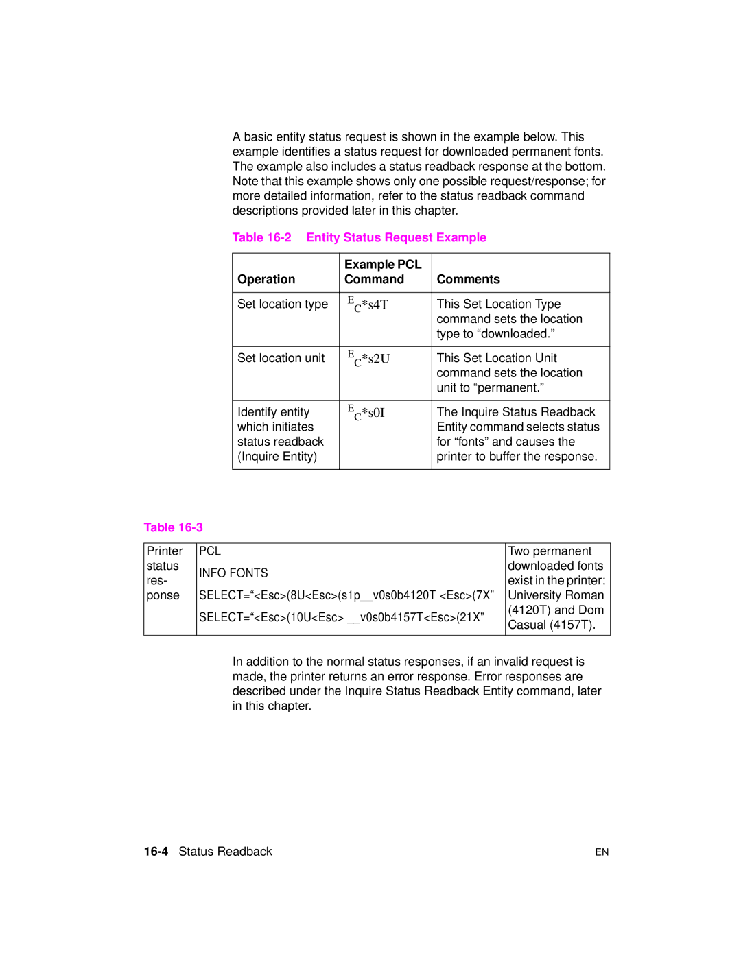 HP 5961-0509 Entity Status Request Example, Example PCL Operation Command Comments, Pcl, Info Fonts, 16-4Status Readback 