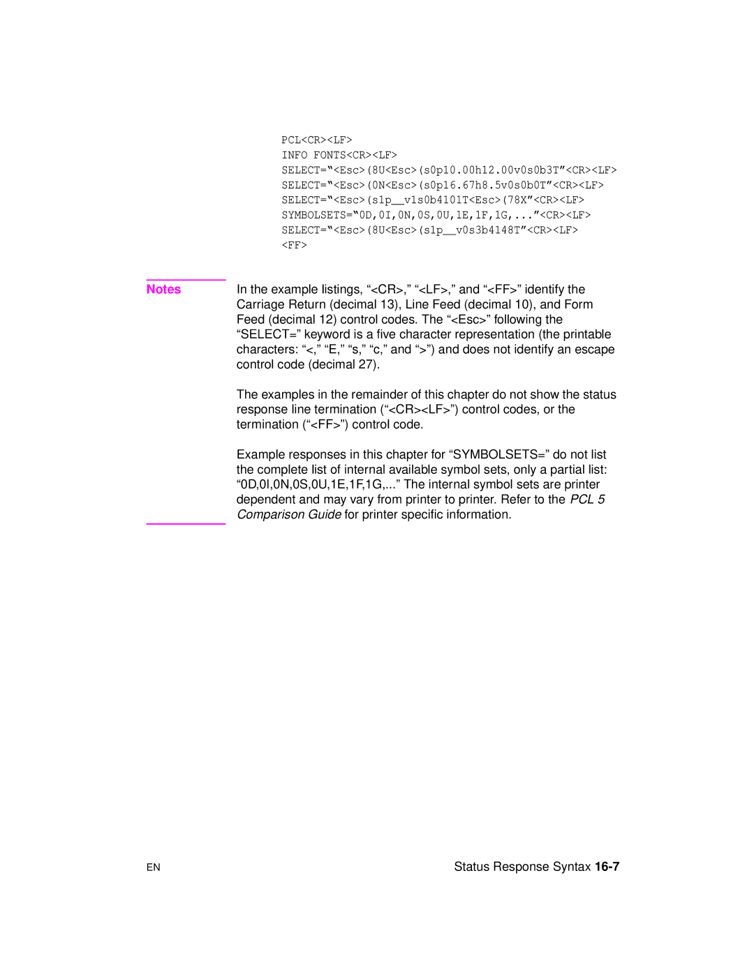 HP 5961-0509 manual Example listings, CR, LF, and FF identify, Carriage Return decimal 13, Line Feed decimal 10, and Form 