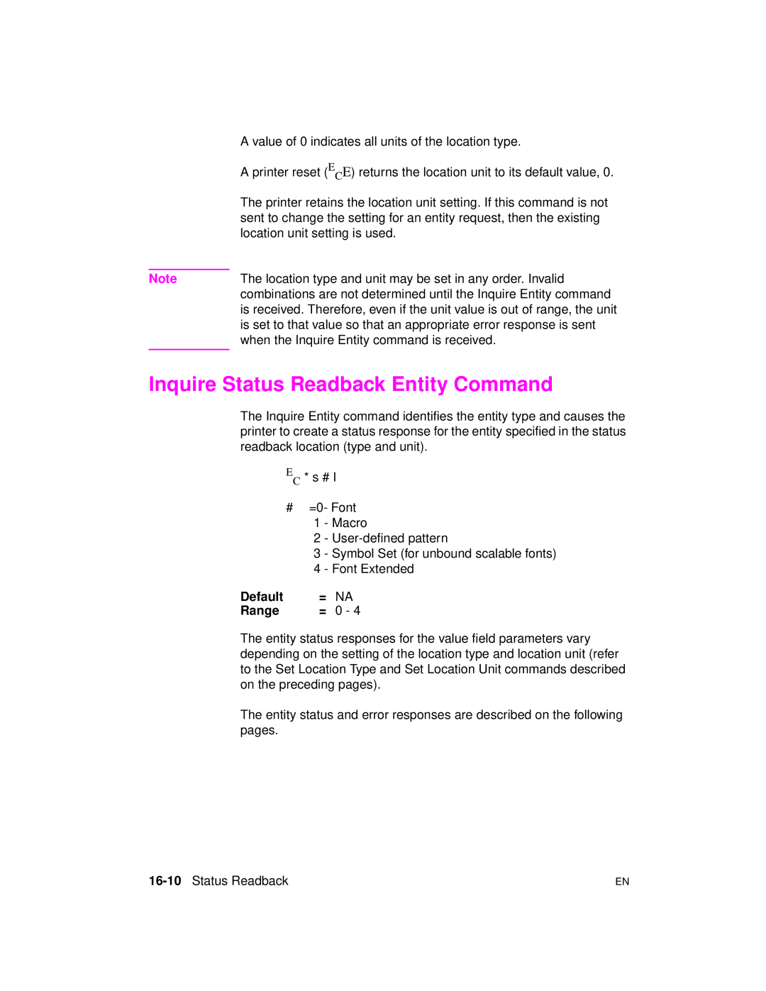 HP 5961-0509 manual Inquire Status Readback Entity Command, 16-10Status Readback 