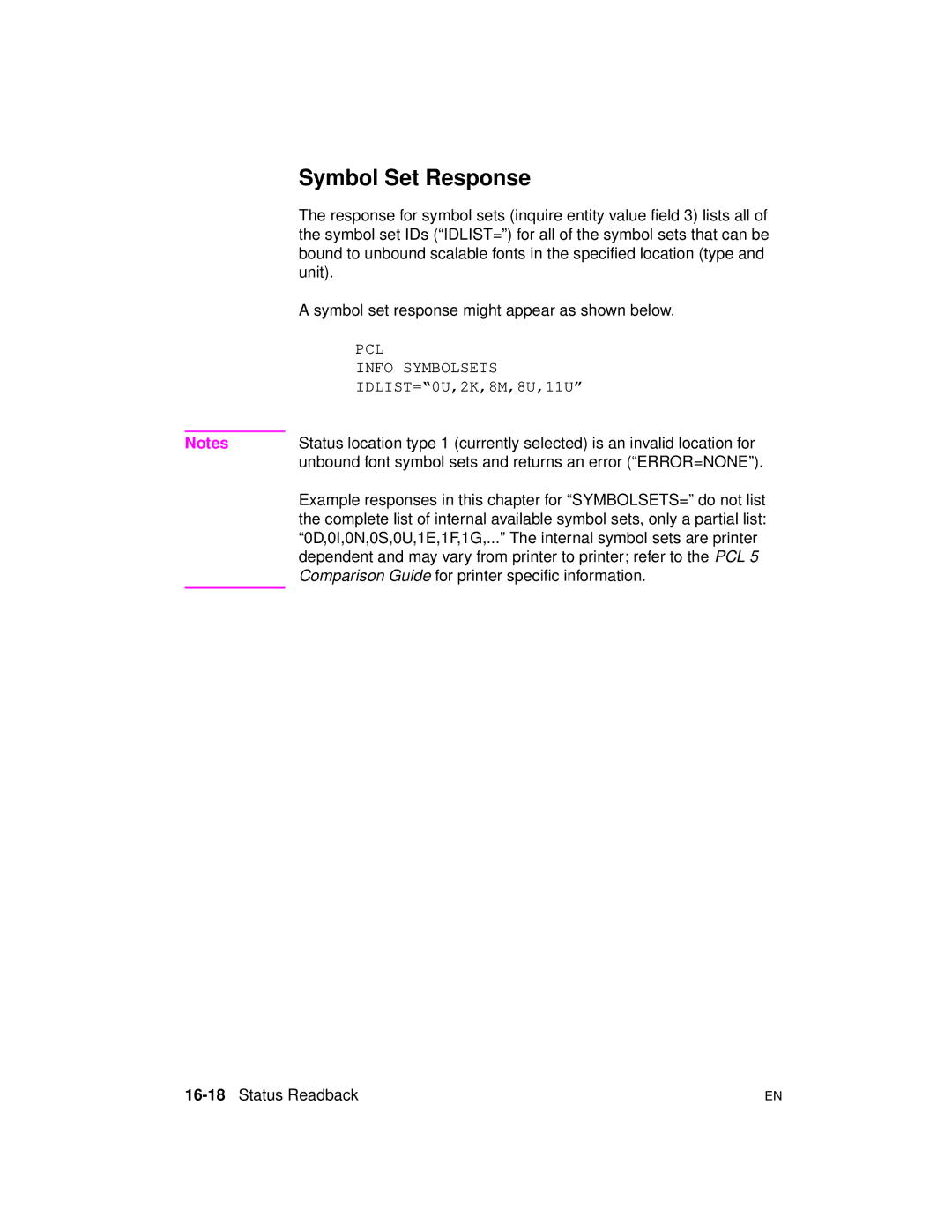 HP 5961-0509 manual Symbol Set Response, Unit, Symbol set response might appear as shown below, 16-18Status Readback 