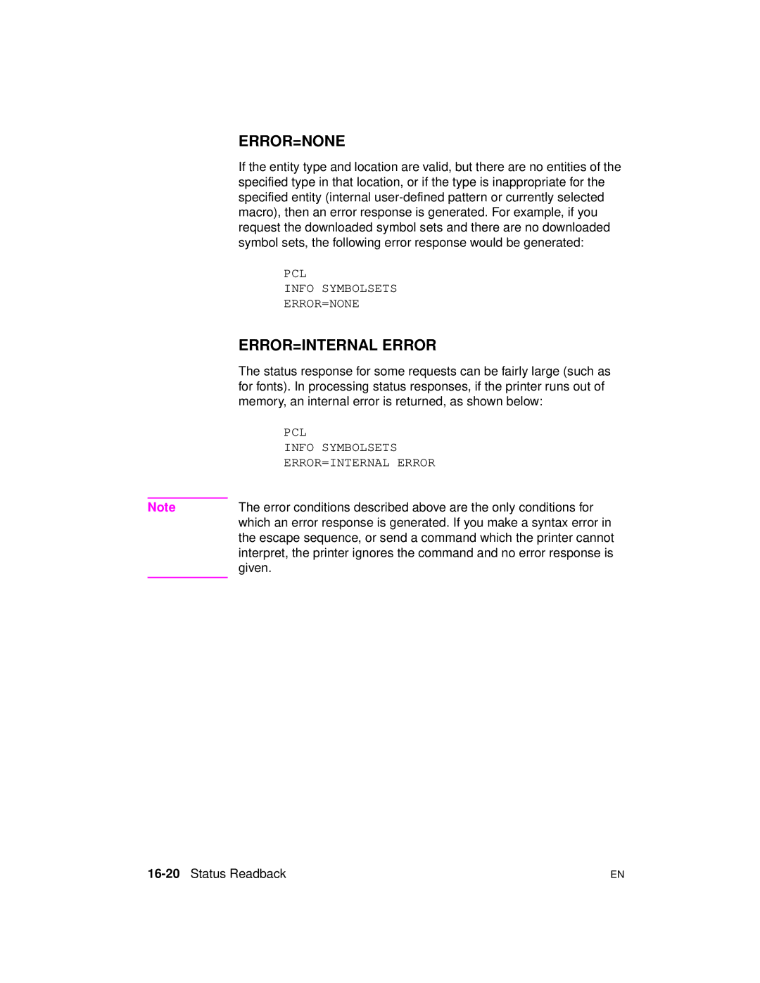 HP 5961-0509 manual Memory, an internal error is returned, as shown below, Given, 16-20Status Readback 