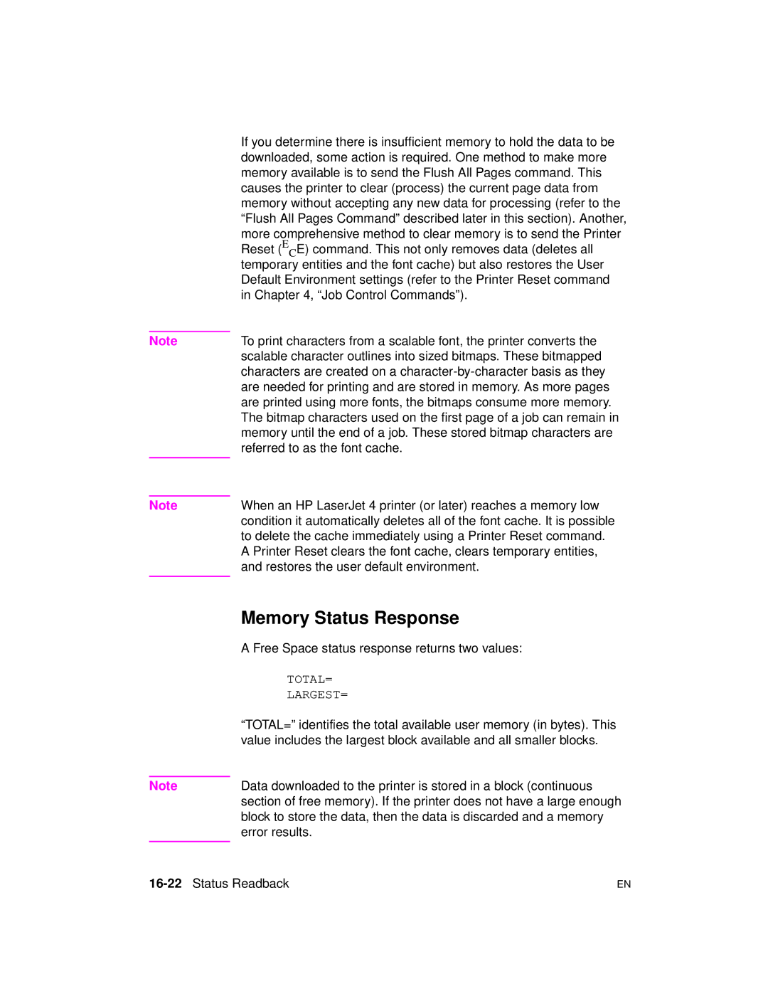 HP 5961-0509 manual Memory Status Response, Free Space status response returns two values, 16-22Status Readback 