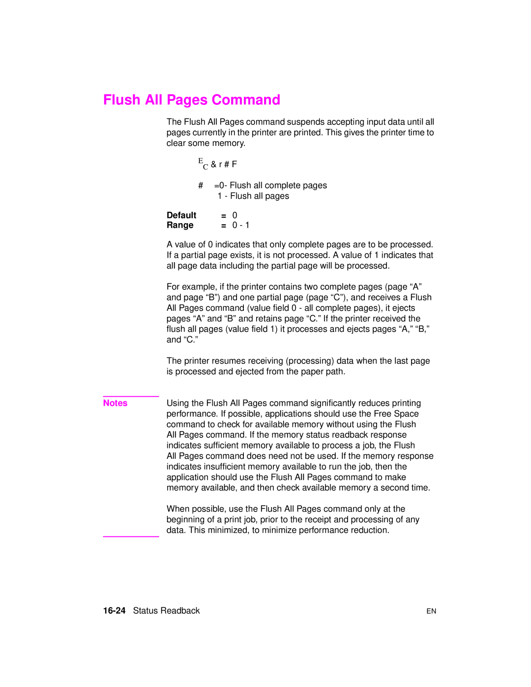 HP 5961-0509 Flush All Pages Command, All page data including the partial page will be processed, 16-24Status Readback 