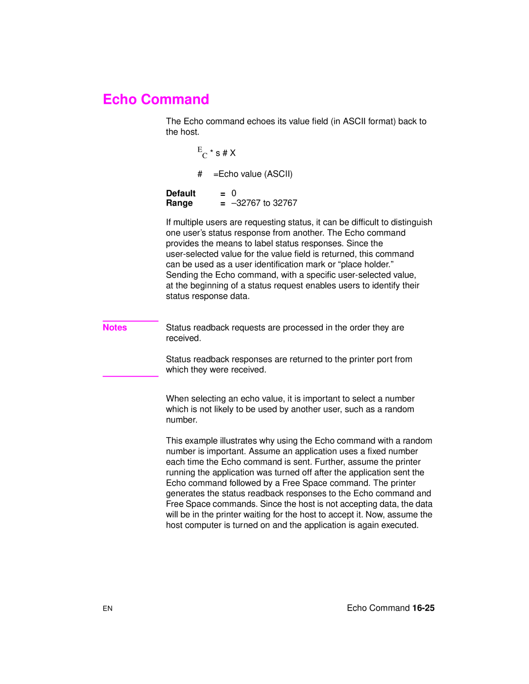 HP 5961-0509 manual Echo Command, Echo command followed by a Free Space command. The printer 