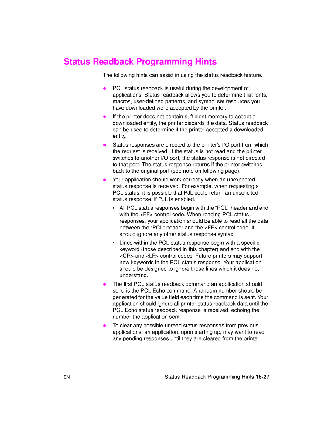 HP 5961-0509 manual Status Readback Programming Hints 