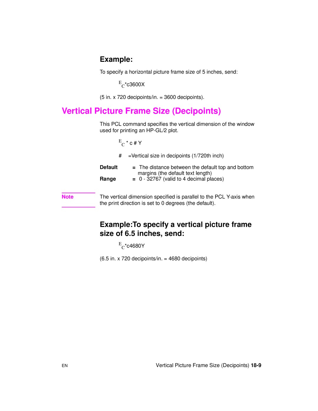 HP 5961-0509 manual Vertical Picture Frame Size Decipoints 