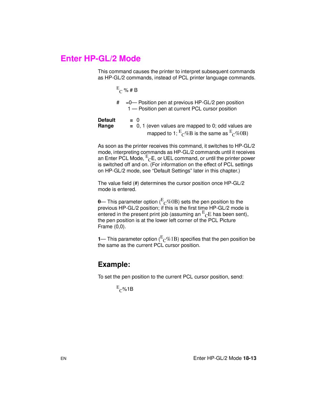 HP 5961-0509 manual Enter HP-GL/2 Mode, Ec % # B, EC%1B 