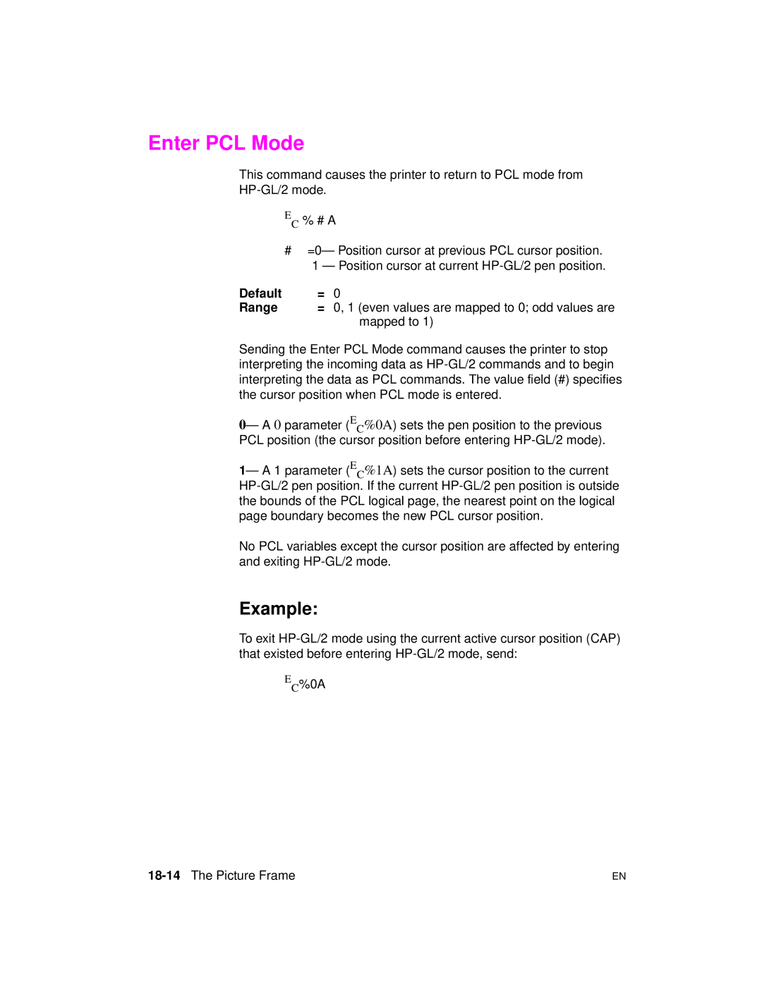 HP 5961-0509 manual Enter PCL Mode, Mapped to, EC%0A, 18-14The Picture Frame 