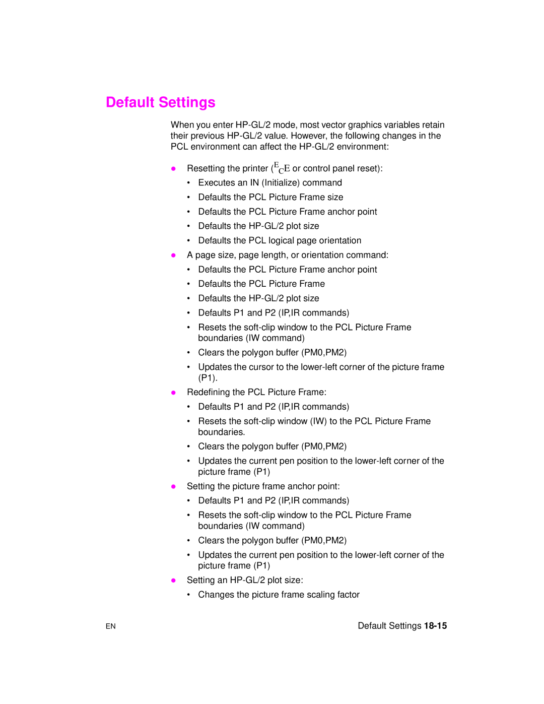 HP 5961-0509 manual Default Settings 