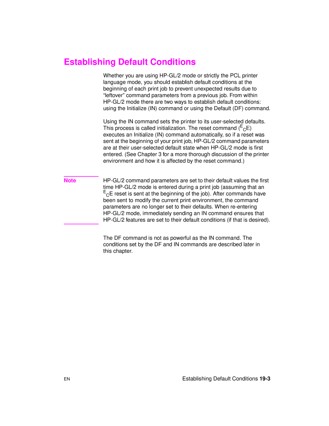 HP 5961-0509 manual Establishing Default Conditions, Language mode, you should establish default conditions at 