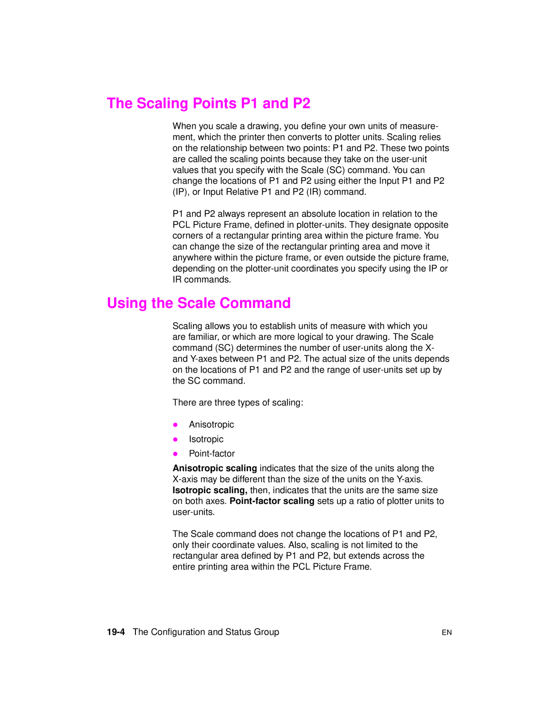 HP 5961-0509 manual Scaling Points P1 and P2, Using the Scale Command, 19-4The Configuration and Status Group 