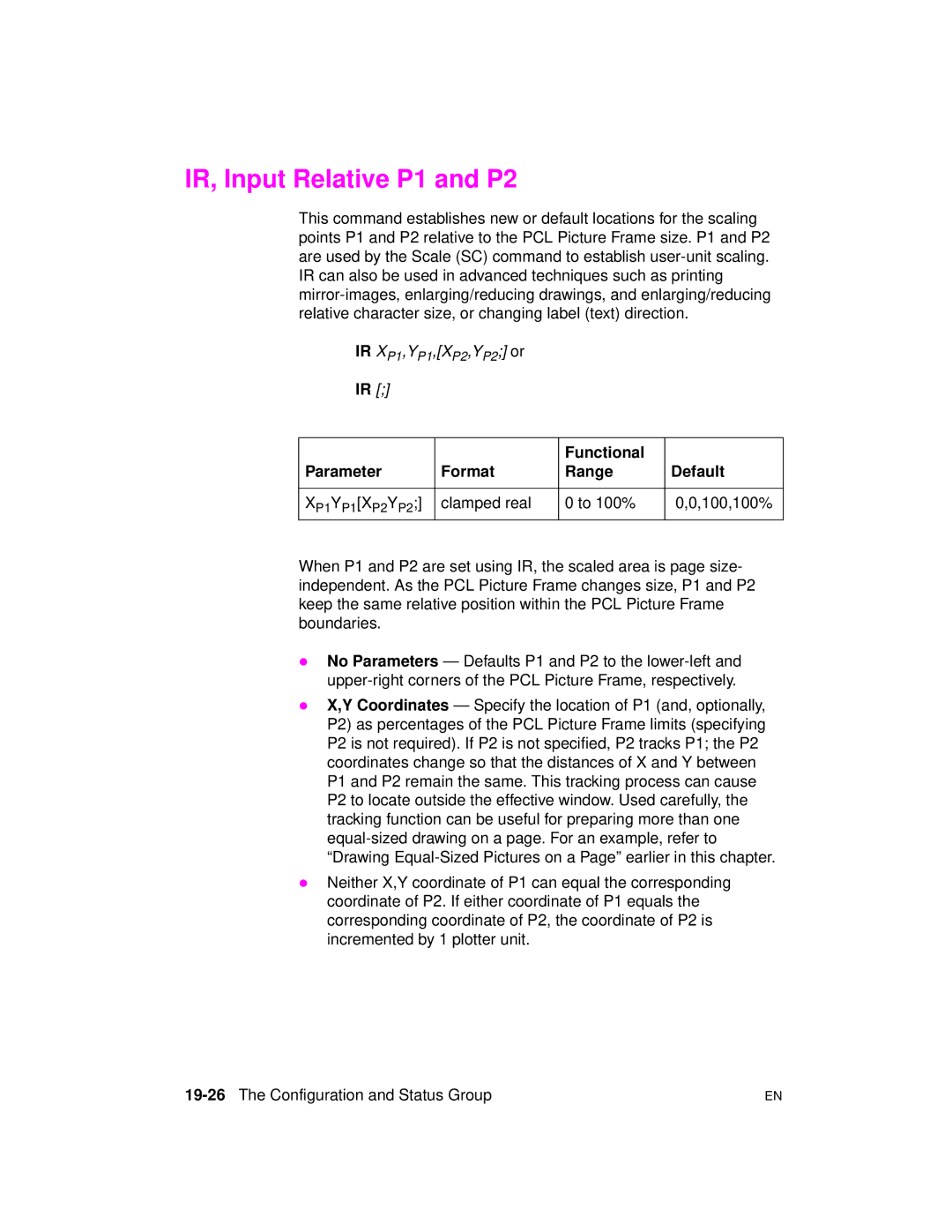 HP 5961-0509 manual IR, Input Relative P1 and P2, Functional Parameter Format Range Default 