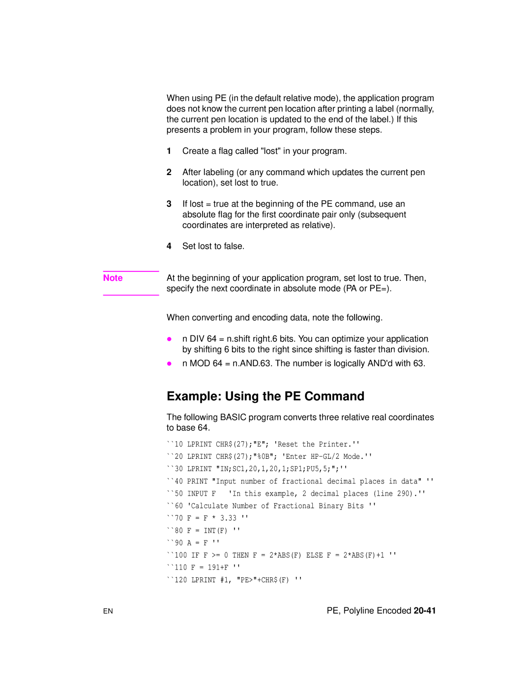 HP 5961-0509 manual Example Using the PE Command, Specify the next coordinate in absolute mode PA or PE= 