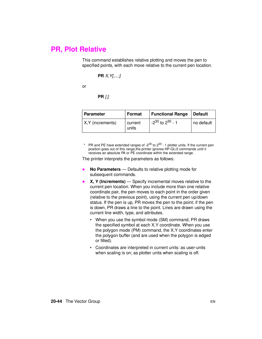 HP 5961-0509 manual PR, Plot Relative, Increments Current 30 to 2 30 No default Units, 20-44The Vector Group 