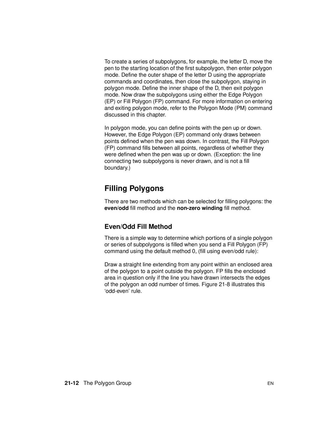 HP 5961-0509 manual Filling Polygons, Even/Odd Fill Method, 21-12The Polygon Group 