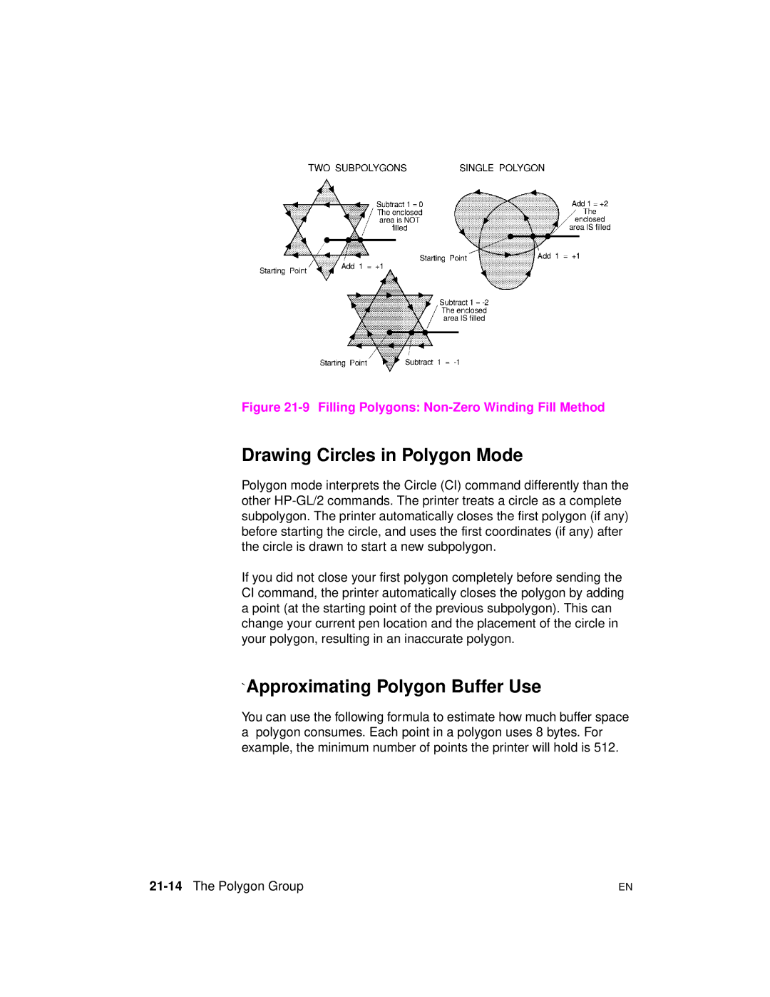 HP 5961-0509 manual Drawing Circles in Polygon Mode, `Approximating Polygon Buffer Use, 21-14The Polygon Group 