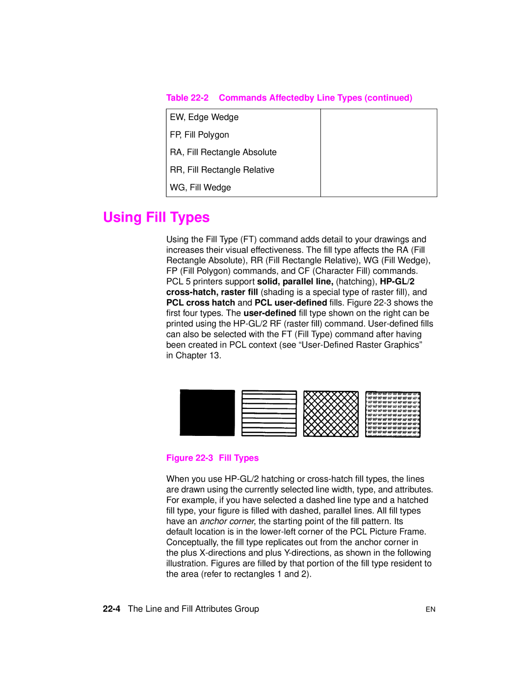 HP 5961-0509 manual Using Fill Types, 22-4The Line and Fill Attributes Group 